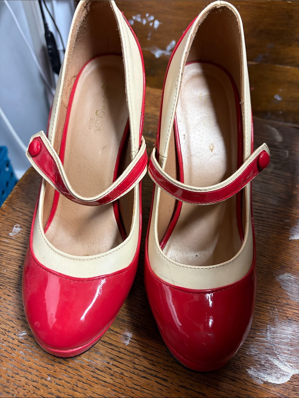 Patent Mary Jane Heels in Red and Cream
